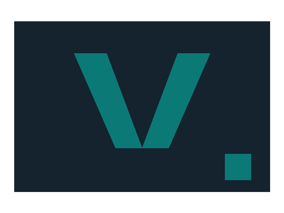 Voorbeeld van een vlak logo: een teal V op donkere ondergrond, geen klantdata.